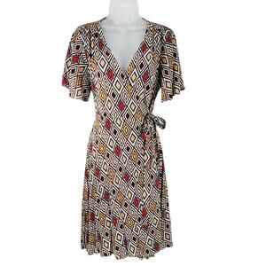 Anthropologie Porridge Wrap Dress Women S Diamond Brown Red Short Flutter Sleeve